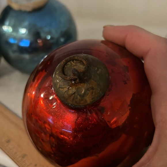 2 Antique orange & blue foil kugel blown glass ornaments...